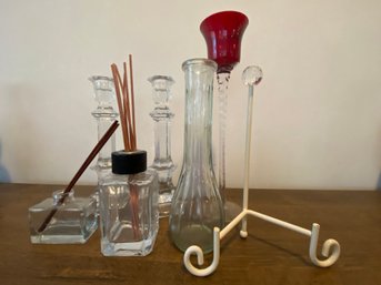 2 Glass Candle Sticks,  2- Home Diffusors, Plate Stand And Red Glass Votive Holder
