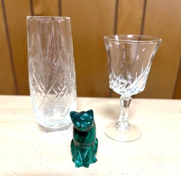 2 Crystal Cordial Glassware And Malachite Cat
