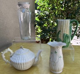 Belleek Teapot And Vase, Glass Vase And Corn Pitcher