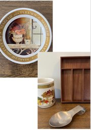Wood Utensil Tray, Ceramic Cypress Utensil Holder And 2-Spoon Rest