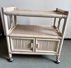 Boho Chic White Washed Bamboo Rattan And Wicker Bar Cart