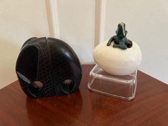 Marble Elephant Book Ends And Ceramic Alligator In An Egg