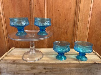 Glass Plate Stand And 4 Blue Glass Sorbet Cups