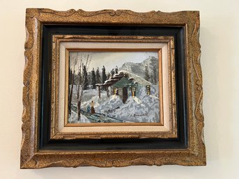 Signed S. Barnwell Snowy Cabin Painting