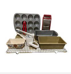 Baking Lot: Muffin Pan, 3-loaf Pans, Cookie Drying Rack, Cheese Grader And Potato Ricer
