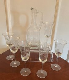 Very Pretty 6 Butterfly Etched Glasses And Decanter
