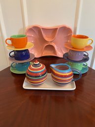 Gibson Colorful Cups/saucers, Havana Tray, Coffee/creamer And 4 Pink Plastic Trays