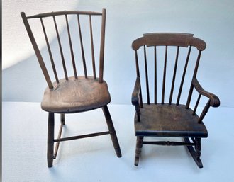 Antique Wood Chair And Kids Size Rocking Chair