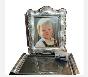 Silver Plated Picture Frame, Lord And Taylor Silver Plated Lipstick Holder & Wheat Chrome Trim Tray