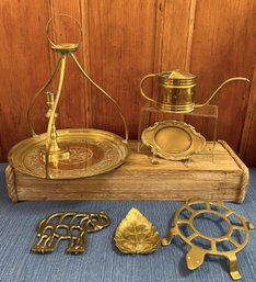 Brass Lot: Tray, Candle Stick, Turtle/elephant Trivet, Watering Can, And Leaf Tary