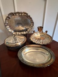 Silver Plate Trays Covered Casserole And Shell Platter