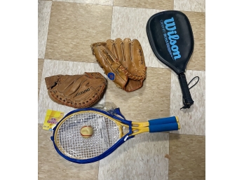 Tennis Kit, Wilsons Tennis Racquet, 2 Baseball Gloves