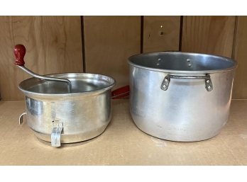 2- Aluminum Pots: Vintage Foley Food Mill Red Wood Handle & Knob Masher 1931-1936