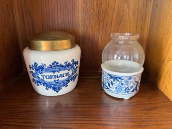 Genuine Delft Blue Toeback Tabacco Jar And Blue And White Tea Light Candle Holder