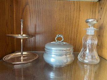 Concord Airlines Sugar Bowl, Glass Oil Jar And 2-tier Silver Plate Tray