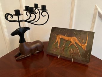 Copper Deer Wall Hanging And Wood And Metal Deer Candle Holder