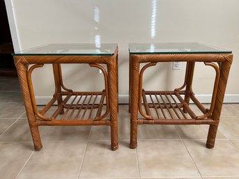 2- Vintage Hollywood Regency Bamboo & Rattan Side / Occasional Table
