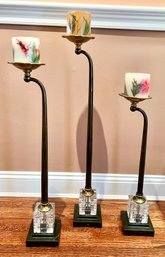 3-Wrought Iron And Glass Candelabras