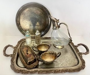 Silver Plated And Glass Duck Decanter, Butler Tray, Salt/pepper, Creamer/sugar, Butter Dish And Round Tray