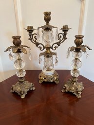 Antique Brass/glass/crystal Candle Holders