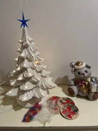 White Ceramic Christmas Tree With Lights, 4 Holiday Coasters And Ceramic Holiday Bear