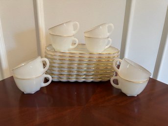 8- Milk Glass With Gold Trim Cups And Dessert Plates