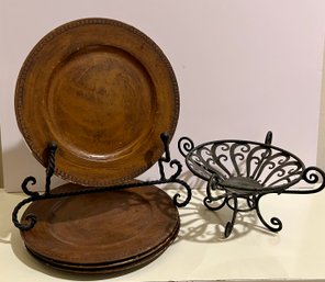 4-Florentine Leather Look Chargers And Wrought Iron Basket