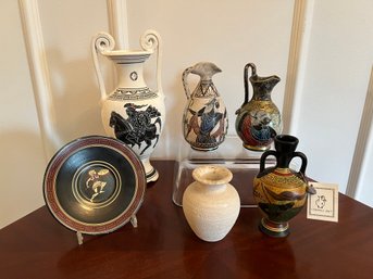 3- Greek Vases, 2 Urns And One Decorative Plate