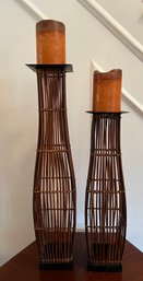 2-Bamboo And Metal Candle Holders