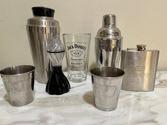 Whos Ready For A Beverage Collection: 2 Shakers, 2 Mixing Cups,  Flasks And More