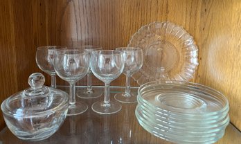 Clear Glass Plates, 5- Wine Glasses, Sugar Bowl And Daisy Platter