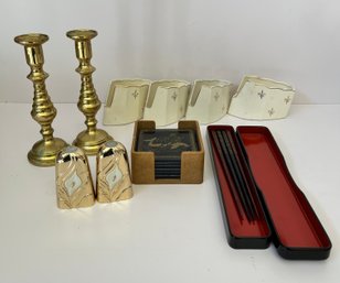 Chop Sticks, Coasters, Brass Candle Holders, Salt/pepper And 4 Vintage Spoon Rests