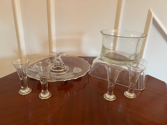 Glass Bowl, 4 Cordial Glassware, And Platter With Silver Inlay