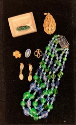 Hattie Carnegie Blue And Green Glass Beaded Necklace, Trifari Gold Tone Pendent, Pickle Pin, Earrings,
