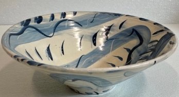 Blue And White Signed Pottery Bowl  - 15' Diameter