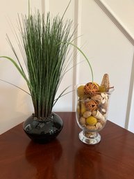 Vase With Faux Grass And Clear Pedestal Vase