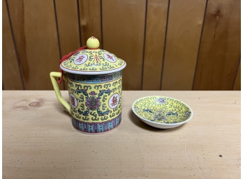 Chinese Teacup With Lid And Trinket Tray