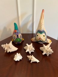 Paper Mache Fish, Ceramic Fish And Shells