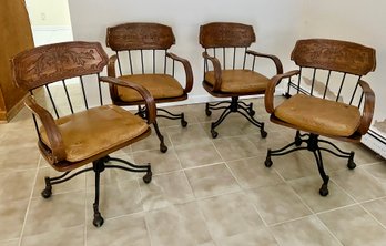 4-Vintage Bentwood Fleur De Lis Engraved Back Swivel Captains Dining Table Chair