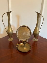 Brass Lot: 2 Urns, Platters And Chamber Stick