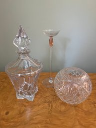 Lenox Glass Decanter, Cut Glass Bowl And Candle Holder