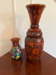 Vintage Carved Wooden Vase Haitian Folk Art And Art Pottery Mexican Vase Birds Flowers