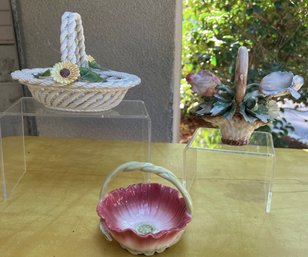 Capodimonte Porcelain White Basket, Basket Of Flowers And Flower Basket