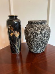 Japanese Kutani Glossy Grey With Gold Iris Vase And Chinese Black And White Fabric Vase With Insert