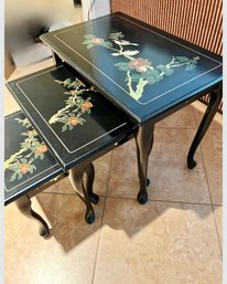 Wood Asian Style Black Nesting Tables With Bird Inlay