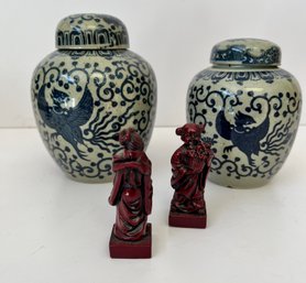 2 Blue Phoenix And Grey Lidded Urns, 2 Red Lacquer Chinese Figures