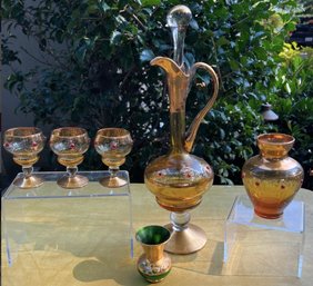 Venetian Italian Glass Decanter, Cups And Vase And Bohemian Green Base