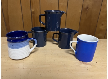 3 Blue Ceramic Creamers, 1 Ceramic Mug Made In Japan And 1 Stoneware Mug