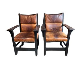 Two Mission Style Leather Chairs With Ebony Finish
