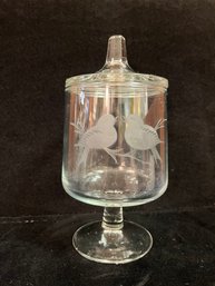 Etched Birds Glass Footed & Covered Candy Dish